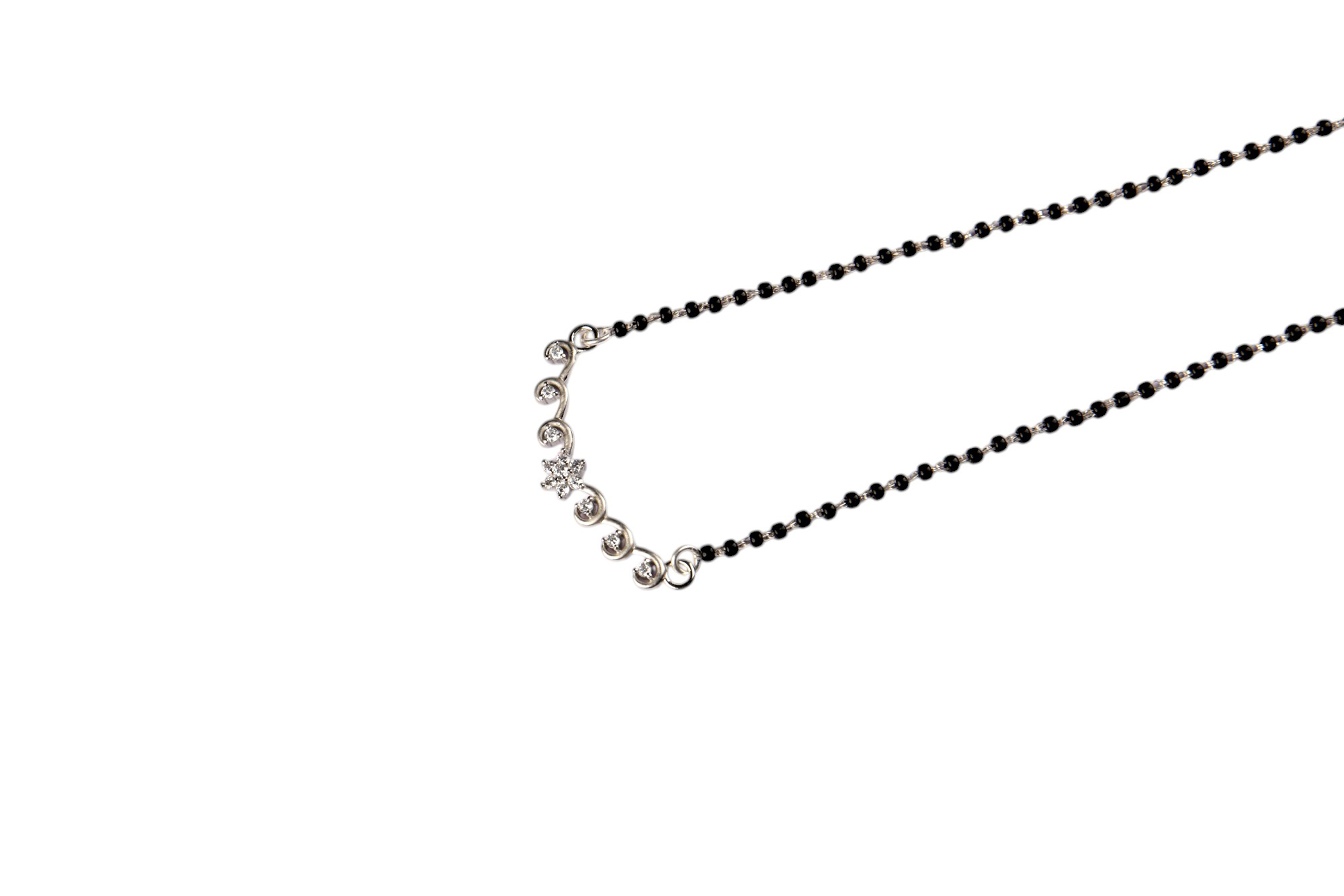 Elegant Silver Mangalsutra with Black Beads & Diamond Floral Pendant