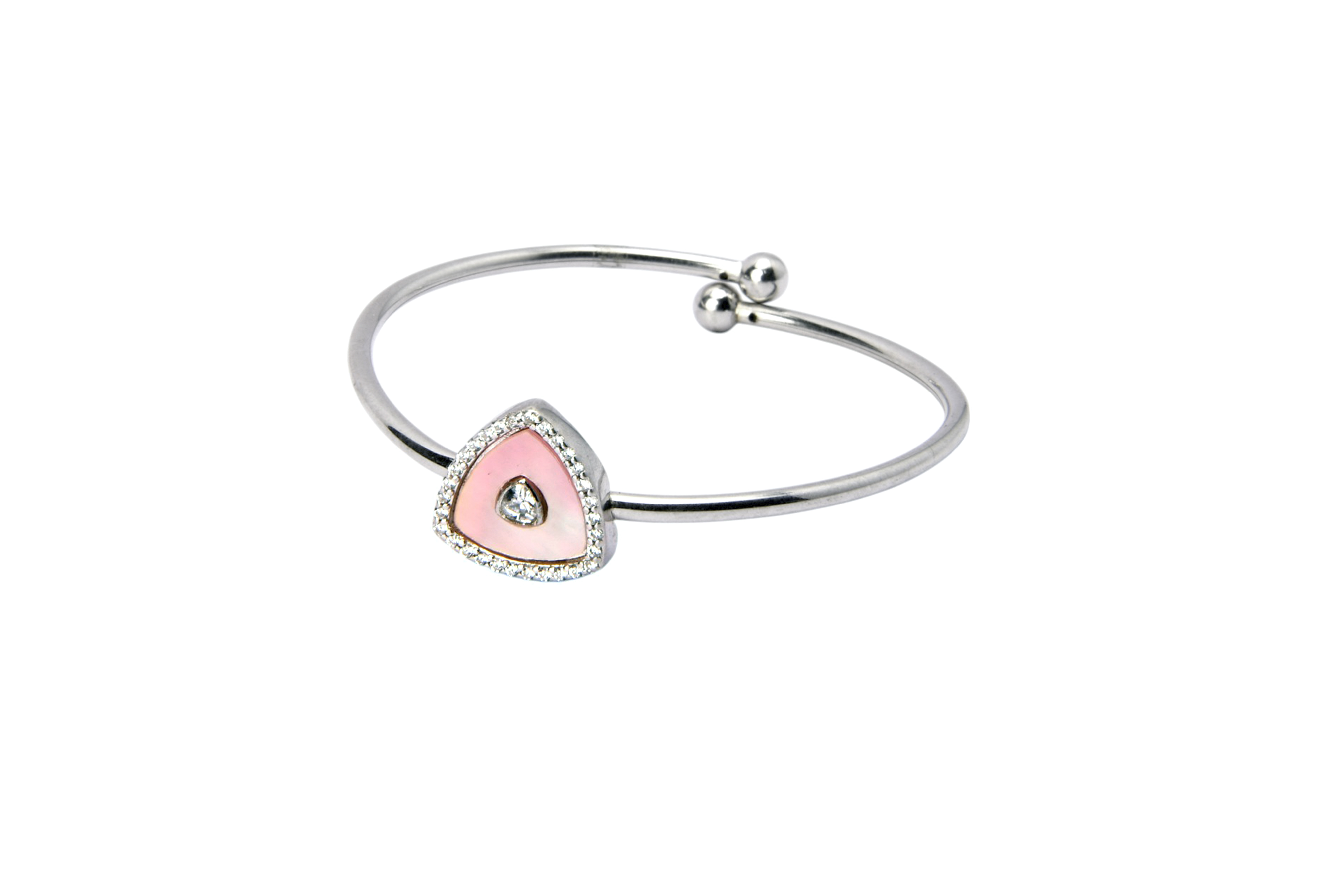 Elegant Silver Bracelet with Pink Enamel & Stone Centerpiece
